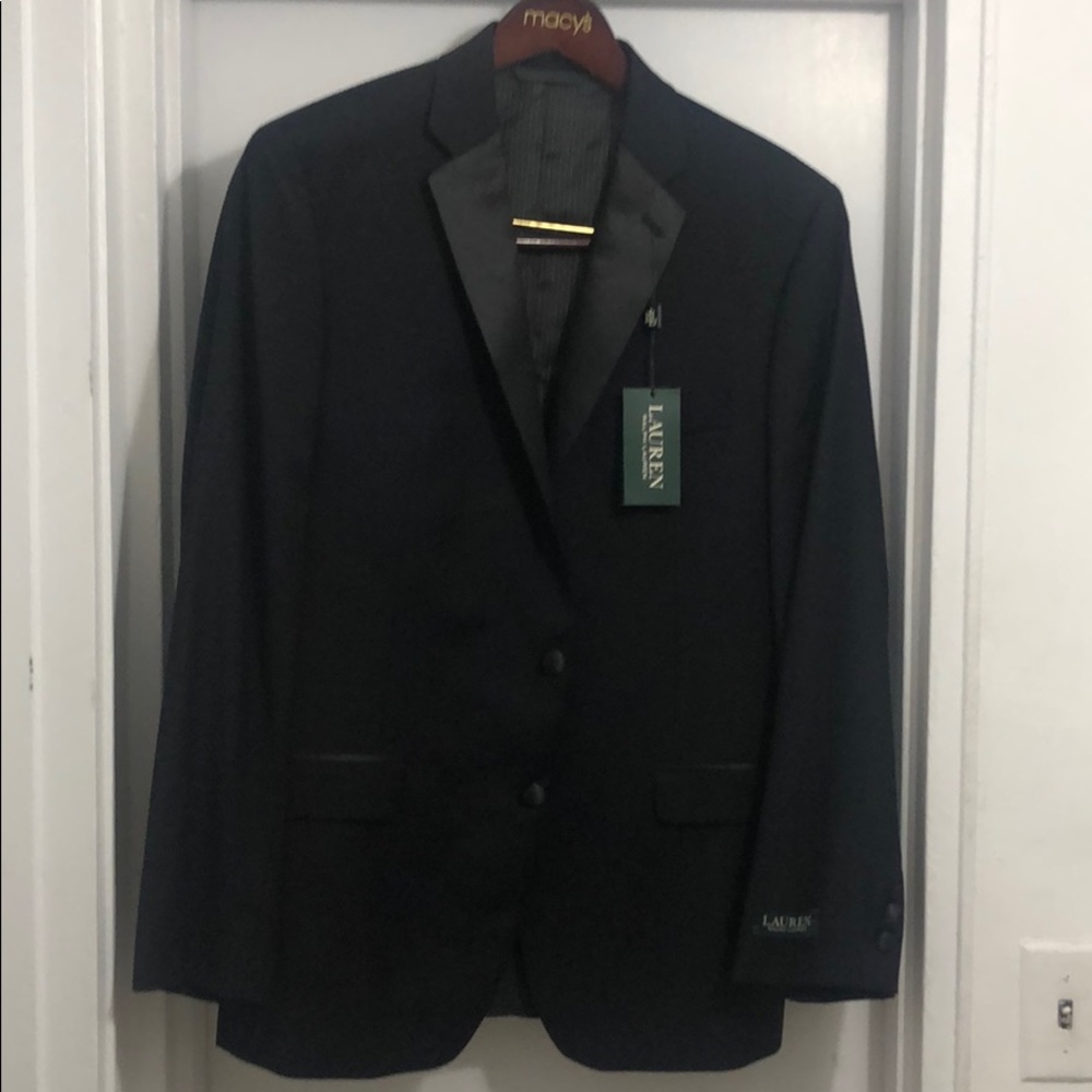 New black slim fit tuxedo jacket and pants